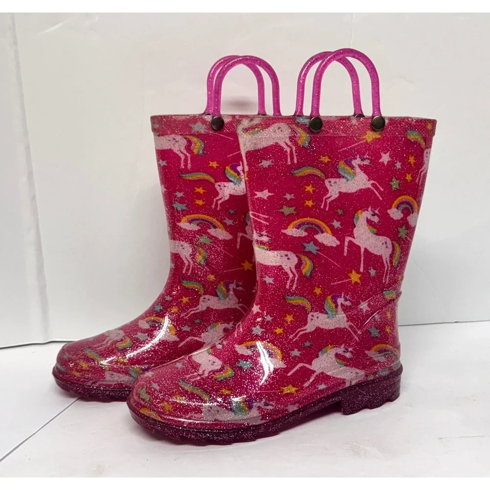 Rain boots Pink Glitter Unicorn & Rainbow Easy-on , light up heels‎ EUC